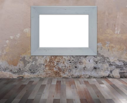 Illustration of a white wooden fame on a grunge wall with wooden floorboards