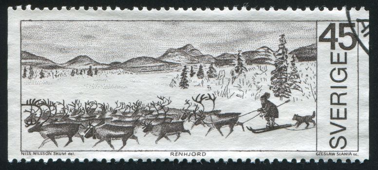 SWEDEN - CIRCA 1970: stamp printed by Sweden, shows Reindeer herd and herdsman, circa 1970