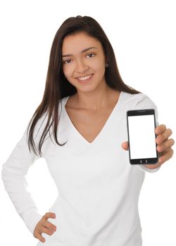 Beautiful smiling girl holding a smart phone.