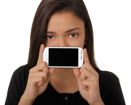 Beautiful girl holding a smart phone up, showing the screen.