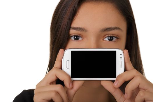 Beautiful girl holding a smart phone up, showing the screen.