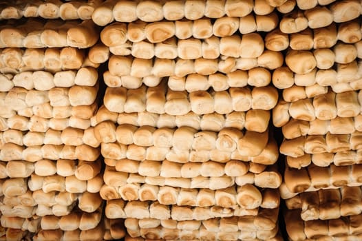 Rows of fresh bread in local market.