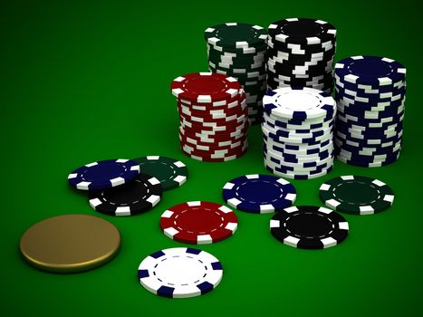 Beautiful casino chips on a green background