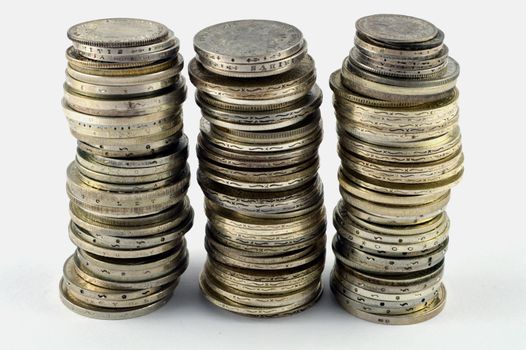 Ancient european silver coins on white background.