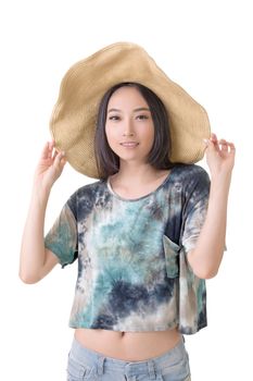 Glamour of Asian beauty with hat, closeup portrait.