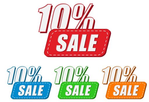 10 percentages sale, four colors labels, flat design, business shopping concept