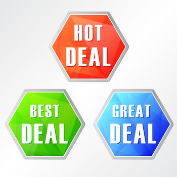 hot deal, three colors hexagons web icons, flat design, business shopping concept