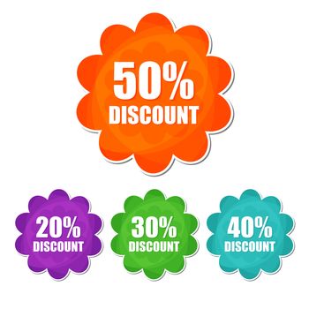 20, 30, 40, 50 percentages spring discount banners - text in four colors flowers labels, business shopping seasonal concept, flat design