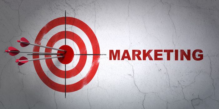 Success marketing concept: arrows hitting the center of target, Red Marketing on wall background, 3d render