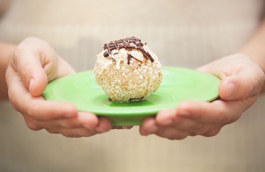 Human hands holding green plante with coconut cake