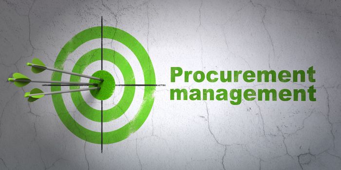 Success business concept: arrows hitting the center of target, Green Procurement Management on wall background, 3d render