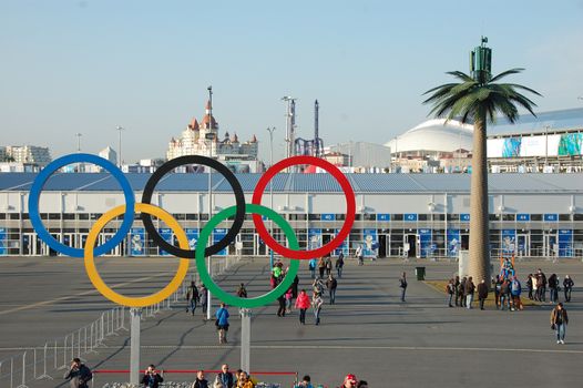 Olympic rings near entrance to park at Sochi 2014 XXII Winter Olympic Games, Russia
