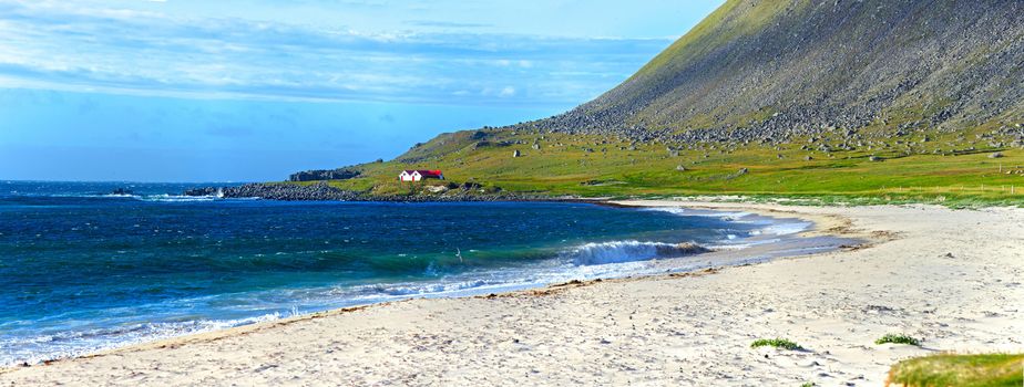 Landscape with white beach at Iceland ocean coast. Panorama.