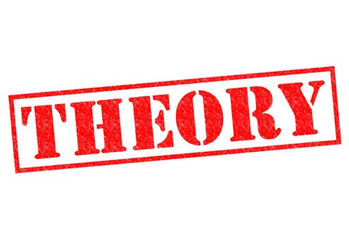 THEORY red Rubber Stamp over a white background.