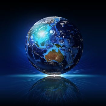Earth planet on a reflective surface. Elements of this image are furnished by NASA