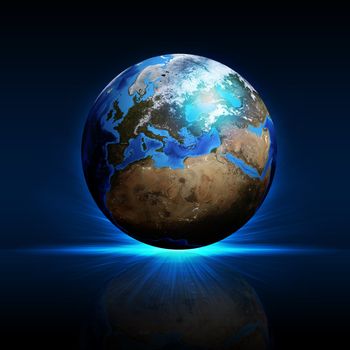 Earth planet on a reflective surface. Elements of this image are furnished by NASA