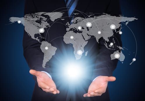 Man in suit, world map and contacts. The concept of global contacts