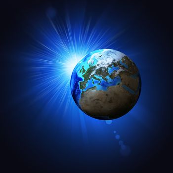 Earth planet in sun rays. Elements of this image are furnished by NASA