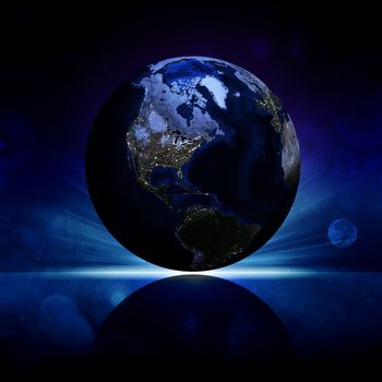 Earth planet on a reflective surface. Elements of this image are furnished by NASA