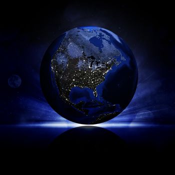 Earth planet on a reflective surface. Elements of this image are furnished by NASA