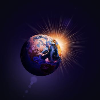 Earth planet in sun rays. Elements of this image are furnished by NASA