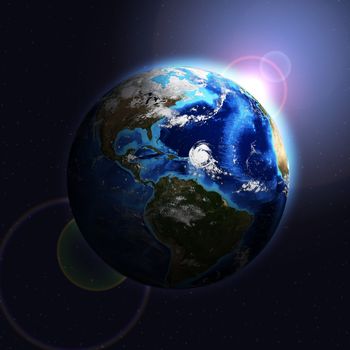 Earth planet in sun rays. Elements of this image are furnished by NASA