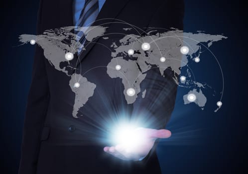 Man in suit, world map and contacts. The concept of global contacts