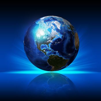Earth planet on a reflective surface. Elements of this image are furnished by NASA