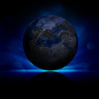 Earth planet on a reflective surface. Elements of this image are furnished by NASA