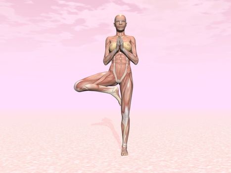 Tree yoga pose for woman with muscle visible in pink background