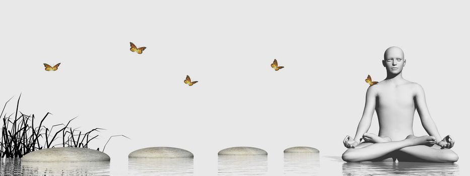 Grass into water near stones steps and butterfly leading to human meditating in white background