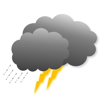 Two dark grey clouds with rain and lightnings as weather icon in white background