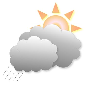 Two grey clouds with rain and sun as weather icon in white background