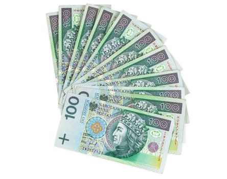 Polish banknotes of 100 PLN (polish zloty) isolated on white background with clipping path