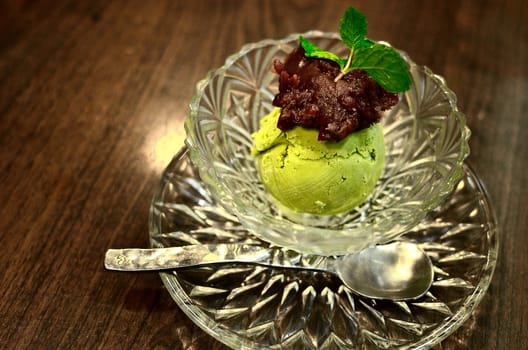 Green tea ice-cream with red bean topping in Japanese style