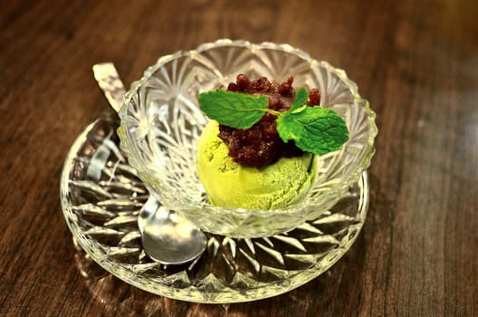 Green tea ice-cream with red bean topping in Japanese style