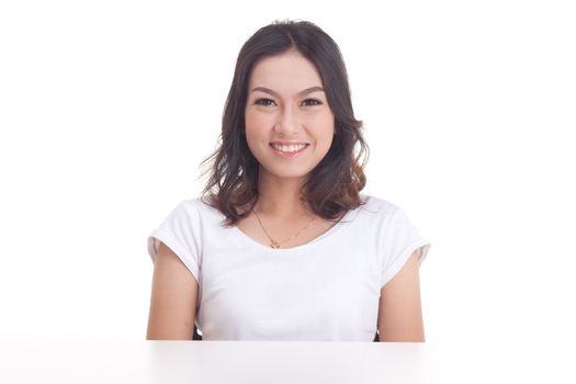 Asian woman isolated on white background. white t-shirt, sit on chair with table