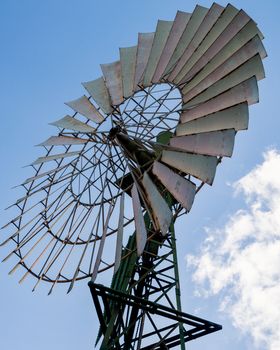 Close up view of classic windmill against blue skies