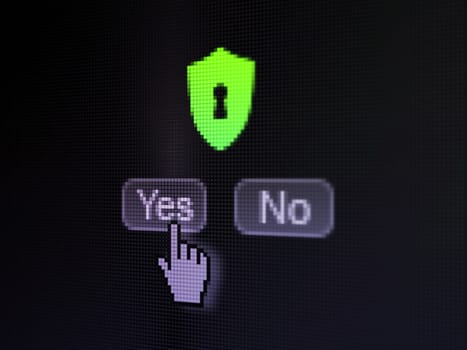 Privacy concept: buttons yes and no with pixelated Shield With Keyhole icon and Hand cursor on digital computer screen, selected focus 3d render