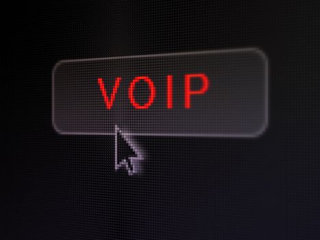 Web development concept: pixelated words VOIP on button with Arrow cursor on digital computer screen background, selected focus 3d render