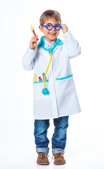 Little smiling doctor with stethoscope and syringe. Isolated on white background