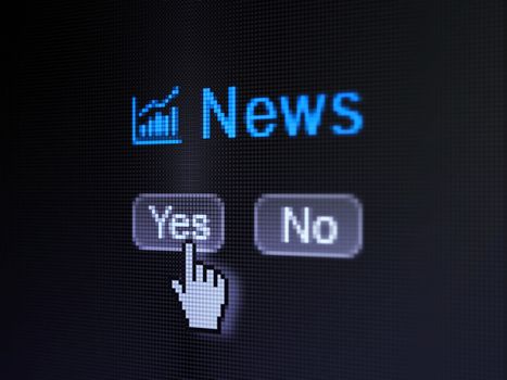 News concept: buttons yes and no with pixelated Growth Graph icon, word News and Hand cursor on digital computer screen, selected focus 3d render