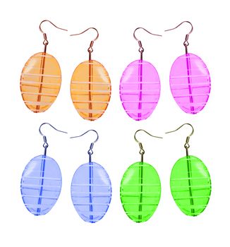 Earrings made and glass isolated on white background in different colors. Four pairs. Collage.

