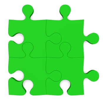 Green puzzle pieces connected isolated on white background, concept of solution