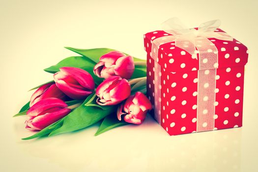 beautiful tulips with red polka-dot gift box. happy mothers day, romantic still life, fresh flowers