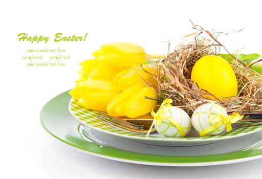 Easter eggs in a plate, on a white background