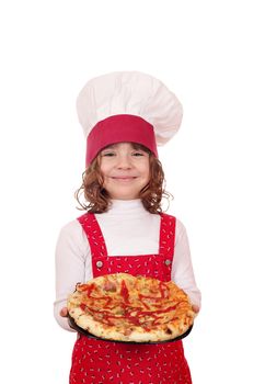 happy little girl cook with pizza