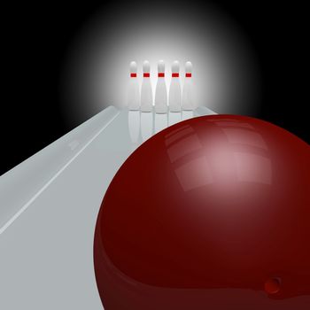 3d bowling alley scene with white bowling pins and a red ball waiting to be thrown
