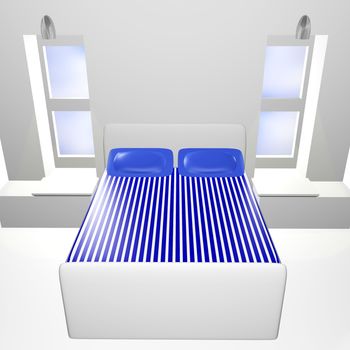 A 3d bedroom with blue striped bedspread

