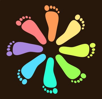 Foot prints in different colors arranged in a circular pattern over a brown background

